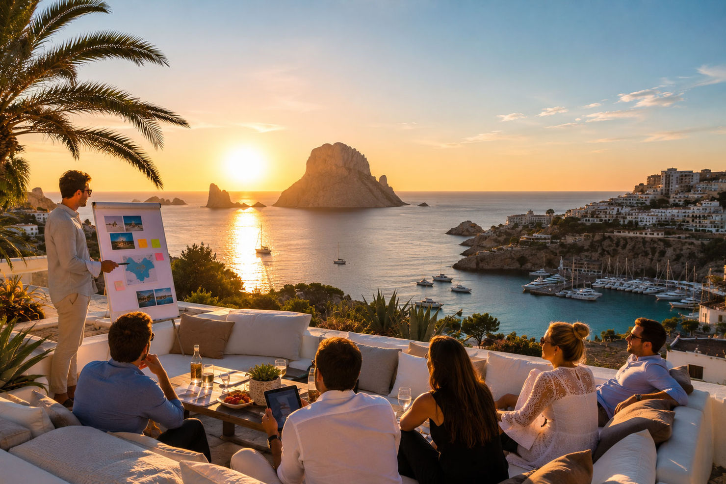 People are sitting on a terrace overlooking the sea at sunset in Ibiza. One is presenting information on a flipchart. Relaxed atmosphere.